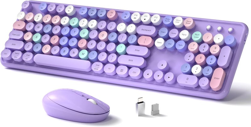 Links9+ Wireless Keyboard and Mouse, Full-Size Retro Typewriter Keyboard with Round Keycaps, 2.4GHz for Windows, Mac, Laptop, PC, Desktop (Purple Colorful) - Image 1